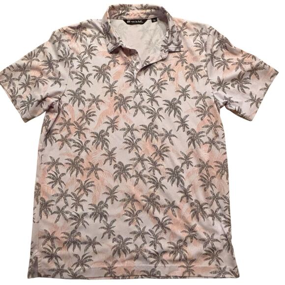 Travis Mathew Polo Shirt Men's Large All Over Palm Tree Print Gray Pale Orange - Picture 3 of 8